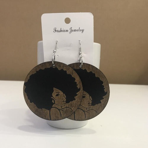 Afro Woman Wood Earrings